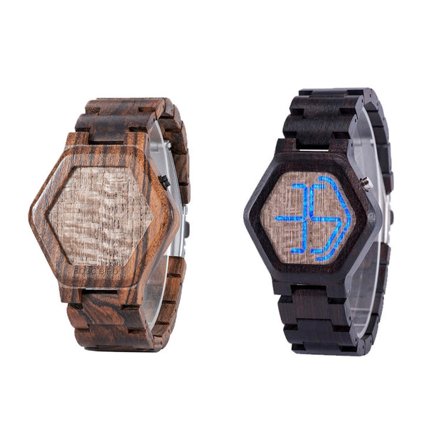 LED Display Wooden Watch Men Wristwatches Wood Night Vision